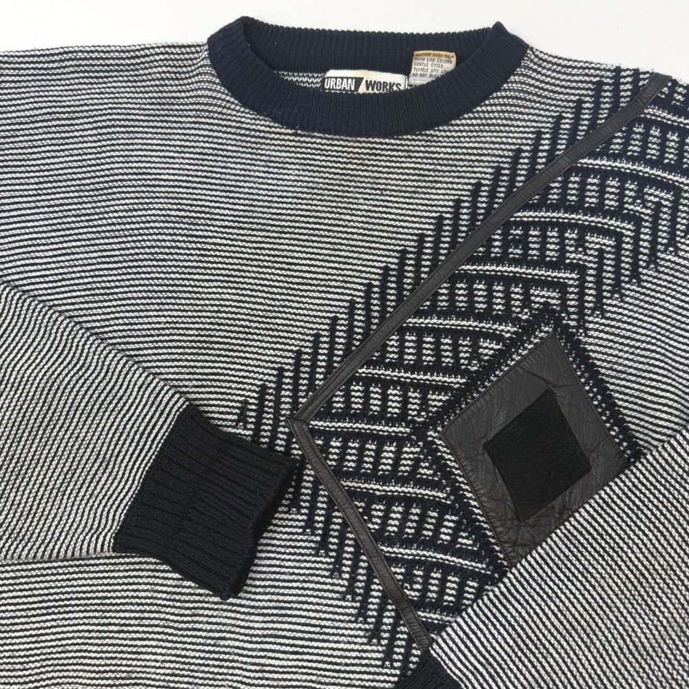 Vintage Urban Works Mens XXL Geometric Knit Sweater Leather Trim Black White